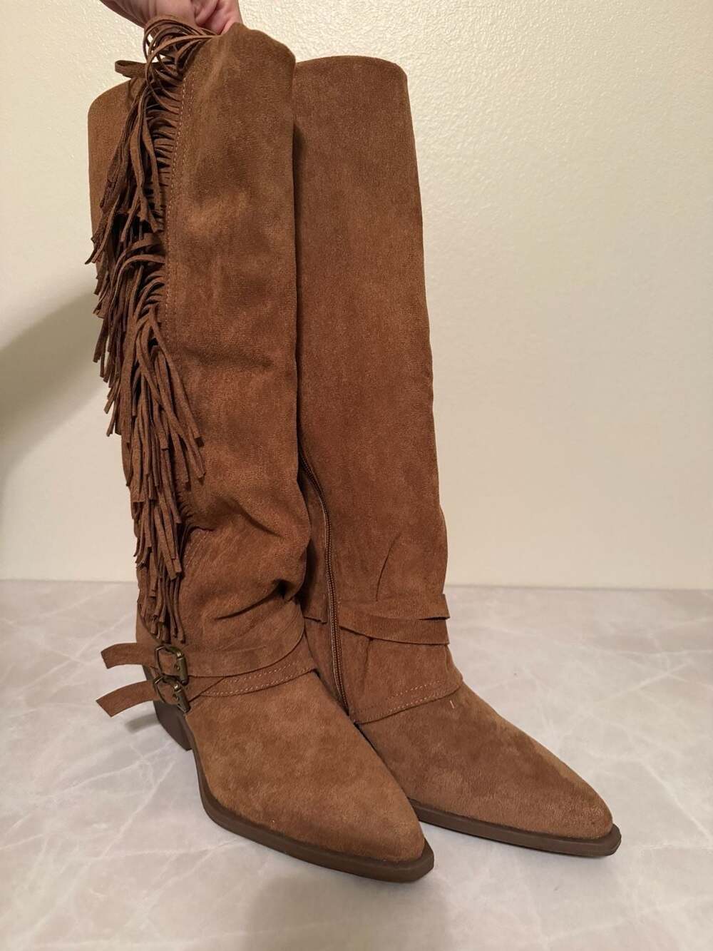 Olivia & K Suede Fringe Cowboy Western Boots Brown
